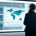 A thoughtful female educator, early 40s, with a serious yet compassionate expression, dressed in a modest business suit with a professional blouse and tailored trousers. She is standing and looking intently at a transparent holographic display that shows abstract data visualizations and ethical guidelines related to Mixed Reality (MR) education. A subtle, soft-focus overlay of a child's silhouette is visible within the data, symbolizing privacy and protection. Her posture is natural, one hand gently resting near the holographic interface. The environment is a clean, brightly lit, futuristic research lab or educational policy office, featuring modern furniture and subtle technological elements in the background. The atmosphere is professional, analytical, and forward-looking. fully clothed, modest clothing, appropriate attire, professional dress, perfect anatomy, correct proportions, natural pose, well-formed hands, proper finger count, natural body proportions, safe for work, appropriate content, family-friendly.