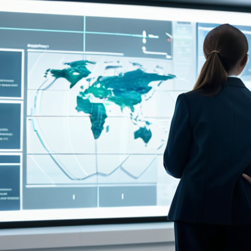 A thoughtful female educator, early 40s, with a serious yet compassionate expression, dressed in a modest business suit with a professional blouse and tailored trousers. She is standing and looking intently at a transparent holographic display that shows abstract data visualizations and ethical guidelines related to Mixed Reality (MR) education. A subtle, soft-focus overlay of a child's silhouette is visible within the data, symbolizing privacy and protection. Her posture is natural, one hand gently resting near the holographic interface. The environment is a clean, brightly lit, futuristic research lab or educational policy office, featuring modern furniture and subtle technological elements in the background. The atmosphere is professional, analytical, and forward-looking. fully clothed, modest clothing, appropriate attire, professional dress, perfect anatomy, correct proportions, natural pose, well-formed hands, proper finger count, natural body proportions, safe for work, appropriate content, family-friendly.
