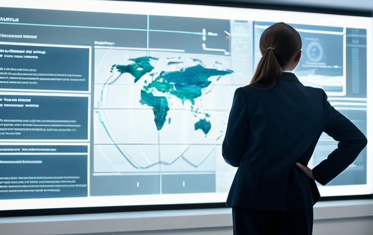 A thoughtful female educator, early 40s, with a serious yet compassionate expression, dressed in a modest business suit with a professional blouse and tailored trousers. She is standing and looking intently at a transparent holographic display that shows abstract data visualizations and ethical guidelines related to Mixed Reality (MR) education. A subtle, soft-focus overlay of a child's silhouette is visible within the data, symbolizing privacy and protection. Her posture is natural, one hand gently resting near the holographic interface. The environment is a clean, brightly lit, futuristic research lab or educational policy office, featuring modern furniture and subtle technological elements in the background. The atmosphere is professional, analytical, and forward-looking. fully clothed, modest clothing, appropriate attire, professional dress, perfect anatomy, correct proportions, natural pose, well-formed hands, proper finger count, natural body proportions, safe for work, appropriate content, family-friendly.