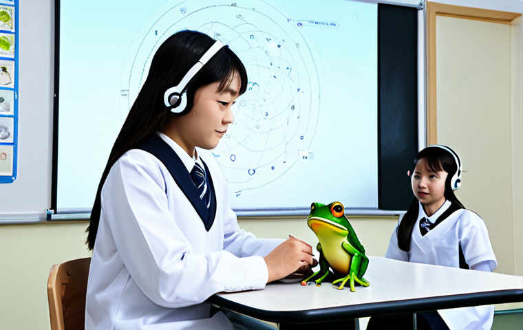 MR in Science Class**

"A middle school science classroom in Japan, students wearing modest school uniforms are using MR headsets to virtually dissect a frog. The teacher, fully clothed in professional attire, is assisting a student. The scene is bright and engaging, with clear holographic projections visible. Safe for work, appropriate content, fully clothed, family-friendly, perfect anatomy, correct proportions, natural pose, well-formed hands, proper finger count, natural body proportions, professional, high quality."

**