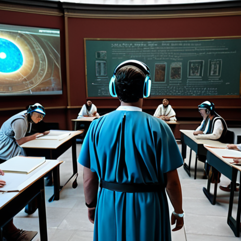 Immersive History Lesson**
A classroom scene, students wearing modest, futuristic-looking headsets, fully clothed and engaged. A detailed, holographic reconstruction of ancient Rome is visible, projecting from a device in the center of the room. The students are interacting with the holographic environment. Style: professional, educational, safe for work, appropriate content, perfect anatomy, natural proportions, high quality, well-lit.
**