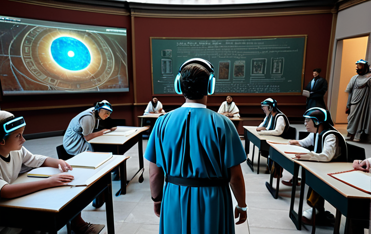 Immersive History Lesson**

A classroom scene, students wearing modest, futuristic-looking headsets, fully clothed and engaged. A detailed, holographic reconstruction of ancient Rome is visible, projecting from a device in the center of the room. The students are interacting with the holographic environment. Style: professional, educational, safe for work, appropriate content, perfect anatomy, natural proportions, high quality, well-lit.

**