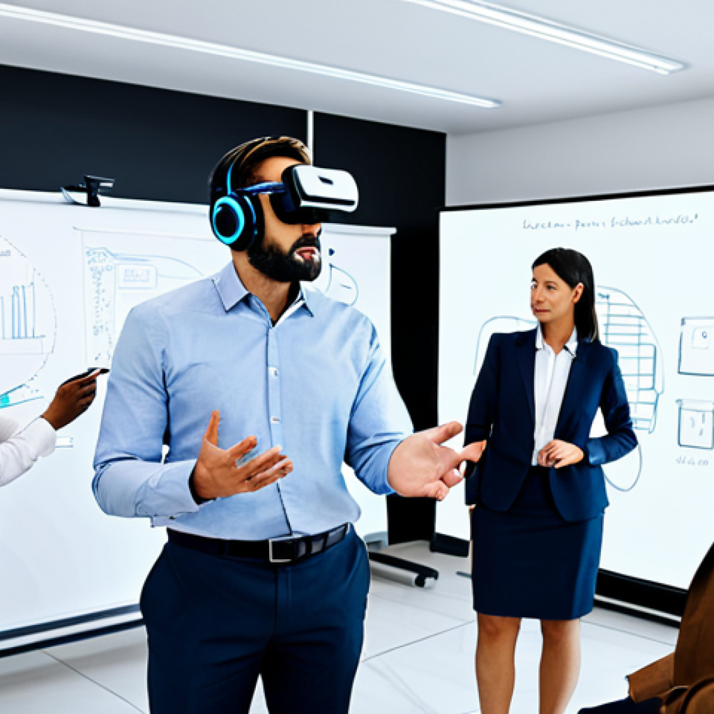 혼합현실 교육에서의 가상 팀워크 - A diverse team of professionals, fully clothed in business attire, collaborating in a virtual office...