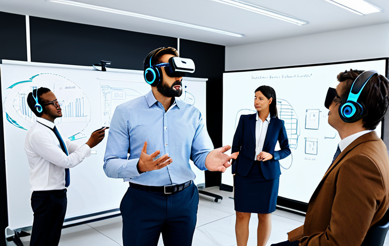 혼합현실 교육에서의 가상 팀워크 - A diverse team of professionals, fully clothed in business attire, collaborating in a virtual office...