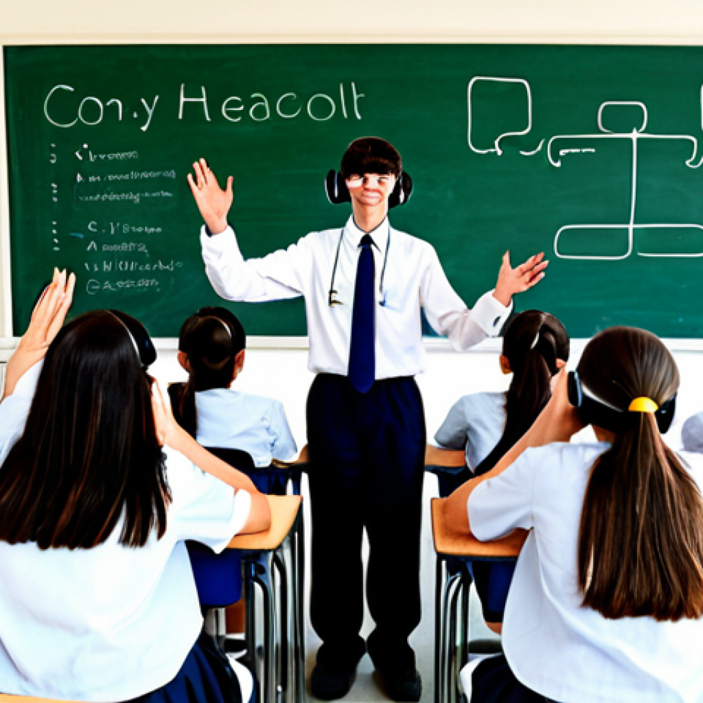 혼합현실 교육의 최신 기술 동향 - **Interactive MR Science Class:** A middle school classroom setting with students fully clothed in s...