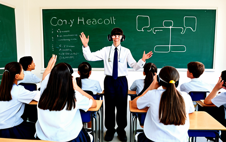 혼합현실 교육의 최신 기술 동향 - **Interactive MR Science Class:** A middle school classroom setting with students fully clothed in s...