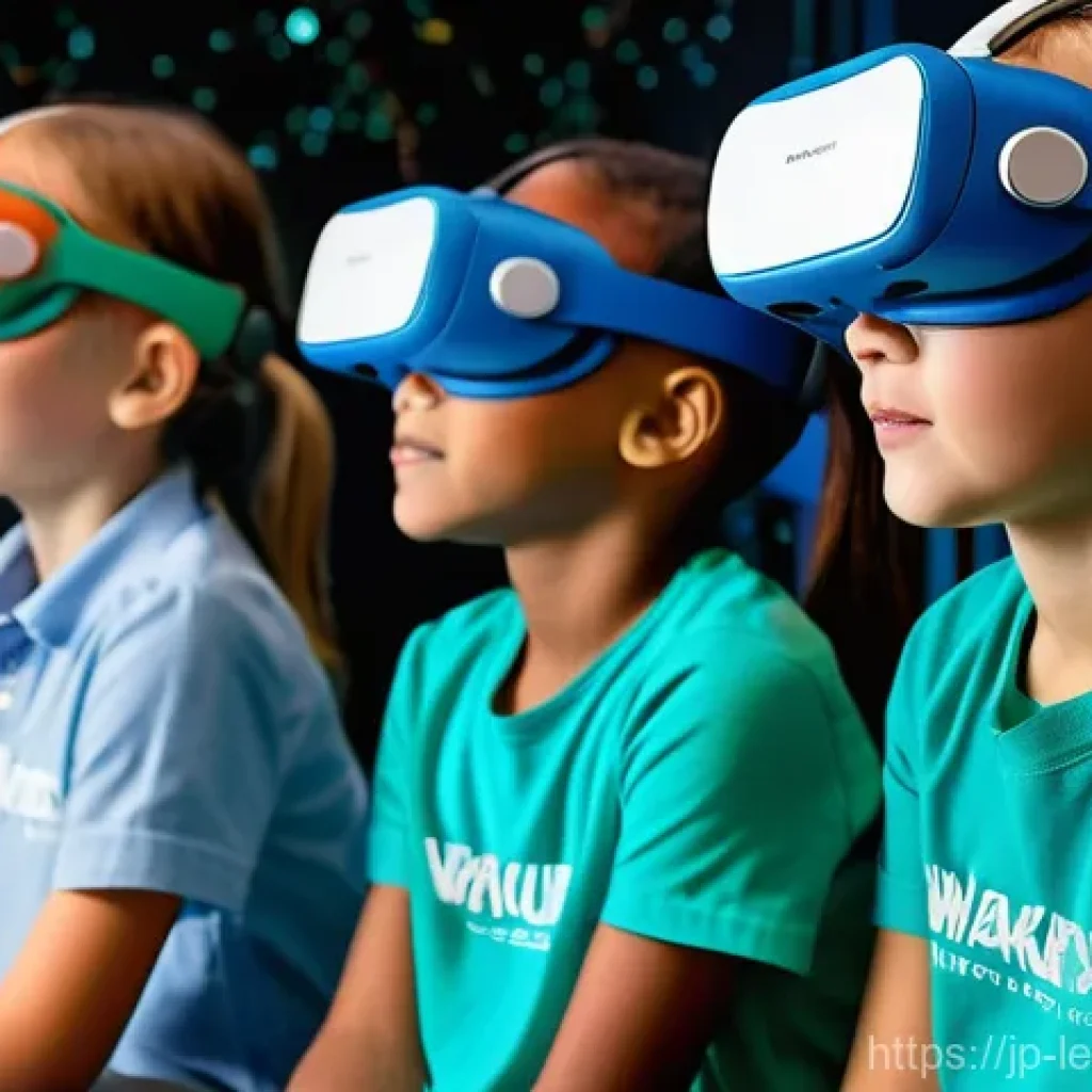 혼합현실 교육의 브랜딩 전략 - **Prompt:** A young, diverse group of elementary school children, aged 8-10, wearing sleek, futurist...