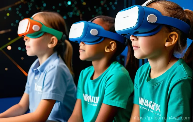 혼합현실 교육의 브랜딩 전략 - **Prompt:** A young, diverse group of elementary school children, aged 8-10, wearing sleek, futurist...