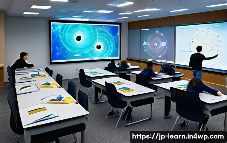 혼합현실 교육의 차세대 기술 전망 - **Prompt: Futuristic MR Classroom Interaction**
    "A vibrant, modern classroom bathed in natural l...
