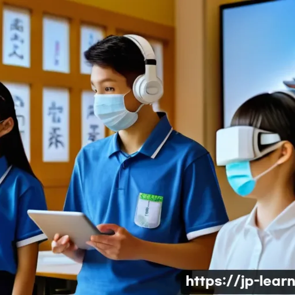 혼합현실 교육과 신뢰성 구축 전략 - A modern Japanese classroom scene where students wearing casual clothes and masks use mixed reality ...