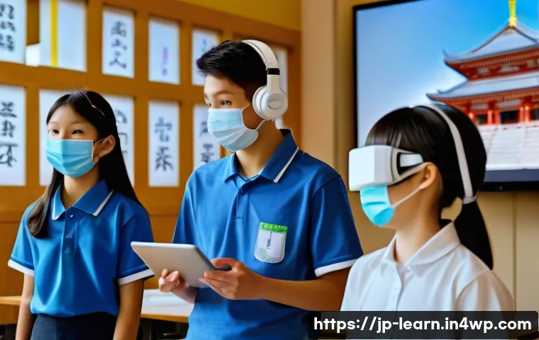 혼합현실 교육과 신뢰성 구축 전략 - A modern Japanese classroom scene where students wearing casual clothes and masks use mixed reality ...