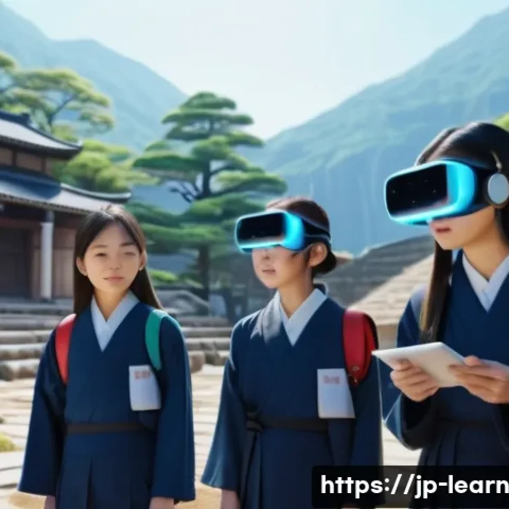 혼합현실 교육 기술을 통한 학습 효과 극대화 - A modern Japanese classroom scene featuring students wearing casual clothing and using mixed reality...