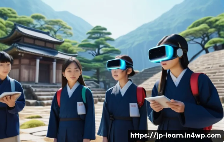 혼합현실 교육 기술을 통한 학습 효과 극대화 - A modern Japanese classroom scene featuring students wearing casual clothing and using mixed reality...