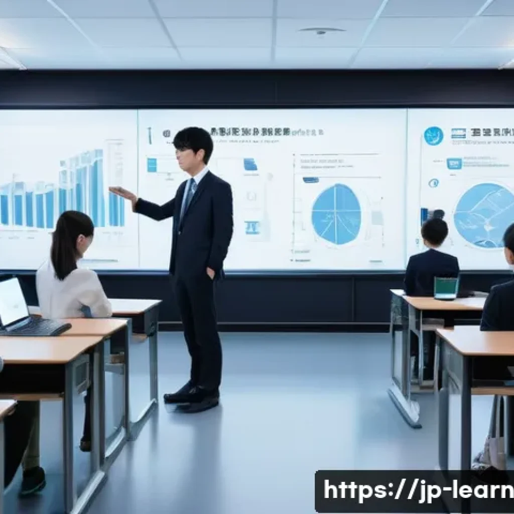 혼합현실 교육의 데이터 보안 문제 - A modern Japanese mixed reality classroom scene featuring diverse students and teachers interacting ...