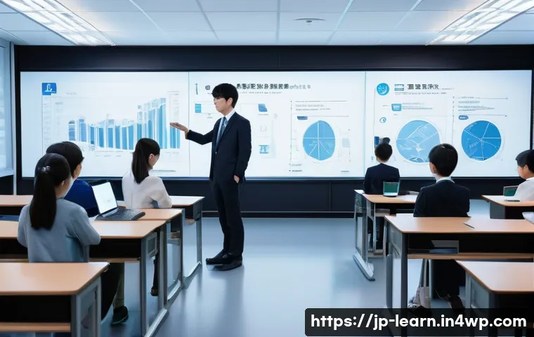 혼합현실 교육의 데이터 보안 문제 - A modern Japanese mixed reality classroom scene featuring diverse students and teachers interacting ...
