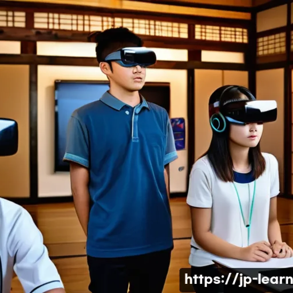 혼합현실 교육에서의 시각적 학습 전략 - A modern classroom scene showing Japanese students wearing casual clothes and using mixed reality (M...