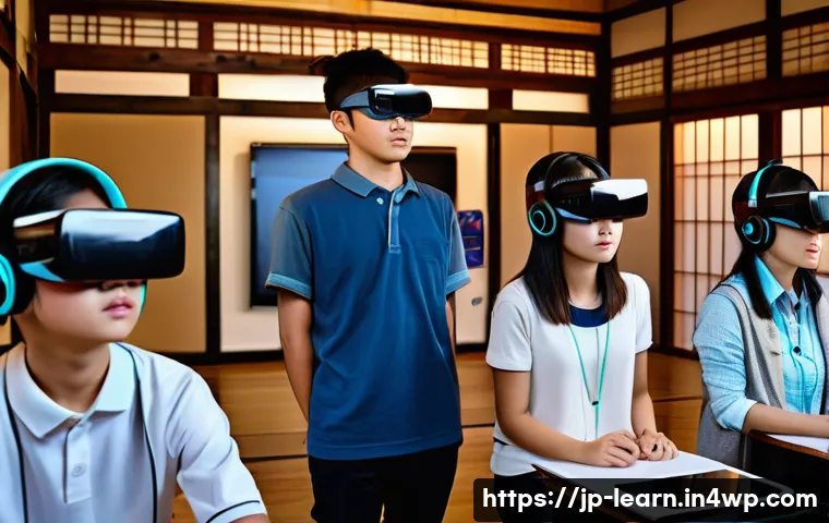 혼합현실 교육에서의 시각적 학습 전략 - A modern classroom scene showing Japanese students wearing casual clothes and using mixed reality (M...