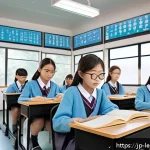 혼합현실 교육과 가상현실의 차이점 - A modern Japanese classroom scene featuring students wearing lightweight mixed reality (MR) glasses ...