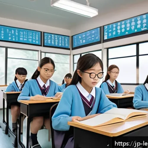 혼합현실 교육과 가상현실의 차이점 - A modern Japanese classroom scene featuring students wearing lightweight mixed reality (MR) glasses ...