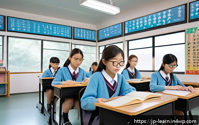 혼합현실 교육과 가상현실의 차이점 - A modern Japanese classroom scene featuring students wearing lightweight mixed reality (MR) glasses ...