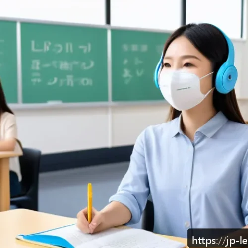 혼합현실 교육을 위한 기기 추천 - A modern Japanese classroom scene where diverse students wearing casual clothing and light, breathab...