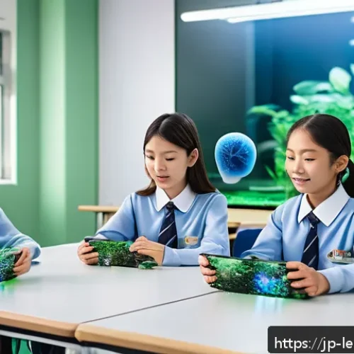 혼합현실 교육의 비용 효율성 - A modern Japanese classroom scene featuring a diverse group of students wearing casual school unifor...