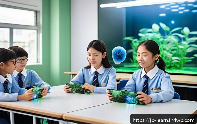 혼합현실 교육의 비용 효율성 - A modern Japanese classroom scene featuring a diverse group of students wearing casual school unifor...