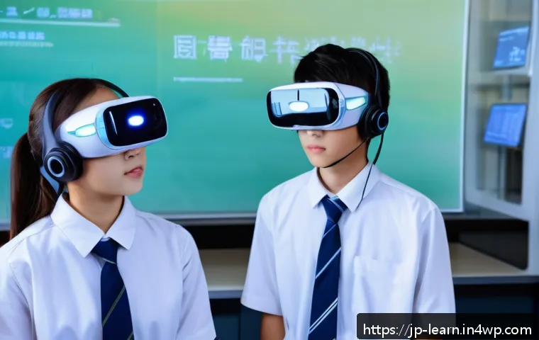 혼합현실 교육의 사용자 만족도 조사 - A modern Japanese classroom scene where high school students wearing school uniforms and modest casu...