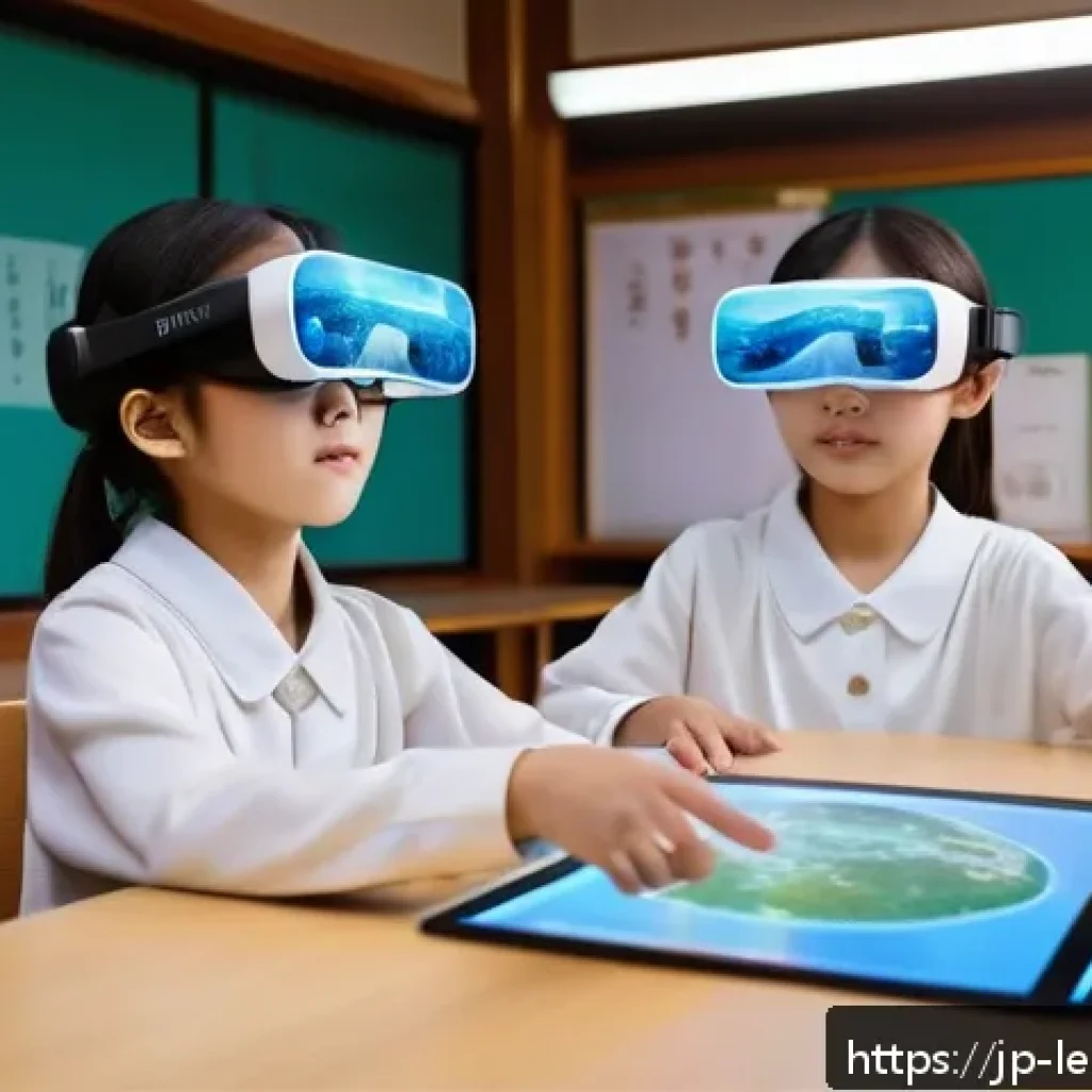 혼합현실 교육의 코스 디자인 전략 - A modern mixed reality classroom scene featuring students wearing lightweight Magic Leap headsets, a...