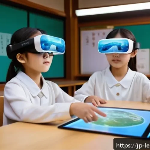혼합현실 교육의 코스 디자인 전략 - A modern mixed reality classroom scene featuring students wearing lightweight Magic Leap headsets, a...