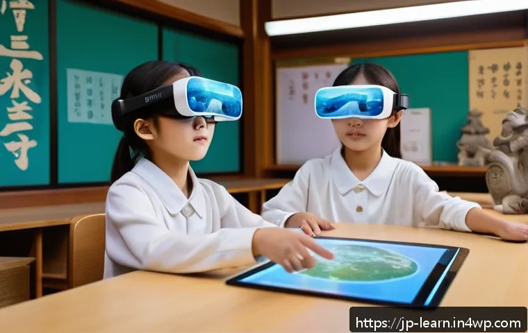 혼합현실 교육의 코스 디자인 전략 - A modern mixed reality classroom scene featuring students wearing lightweight Magic Leap headsets, a...